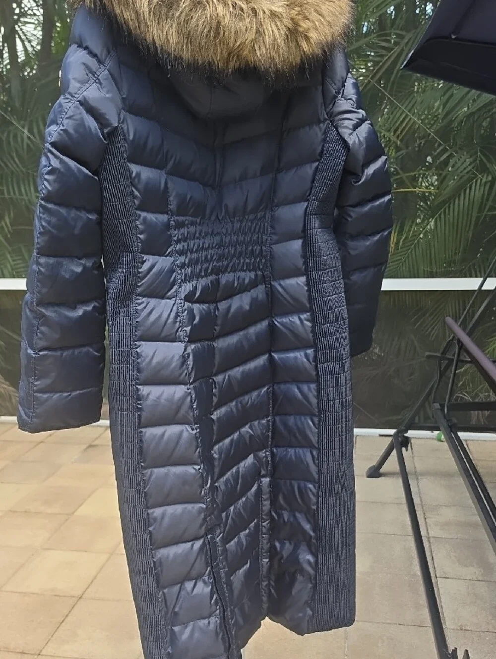 Michael Kors Navy Quilted Long Puffer Coat with Faux Fur Hood Trim